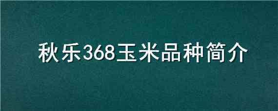 秋乐368玉米品种简介（秋乐368玉米种子）