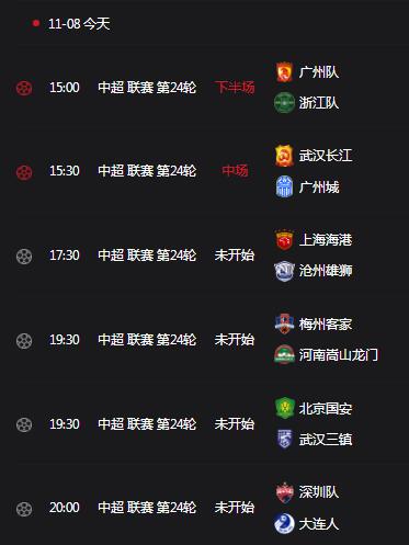 中超联赛赛程直播时间表11月8日（今日中超直播赛程）