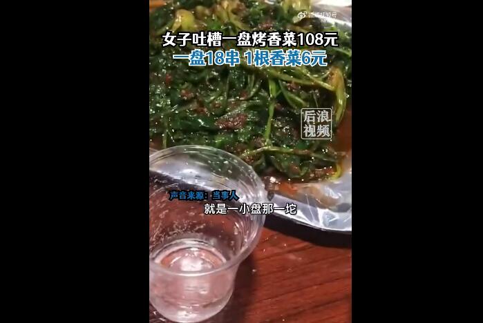 女子吐槽烧烤店一盘香菜108元 1根香菜6元总共不到1斤